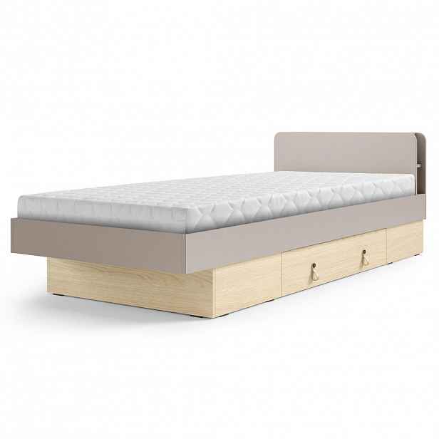 Beautysofa POSTEL Sorella 90 × 200 cm s lamelovým roštem a úložnou zásuvkou, bez matrace, porcini + dub Mavelie