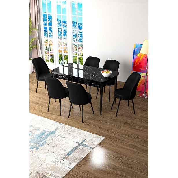 Extendable Dining Table & Chairs Set (7 Pieces) Zen - Black Marble, Black
