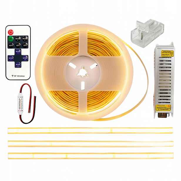 Led Cob sada 5 m 24V 3000K Bílá Teplá Silná barva Napájecí zdroj Dálkový Ovladač Komplet