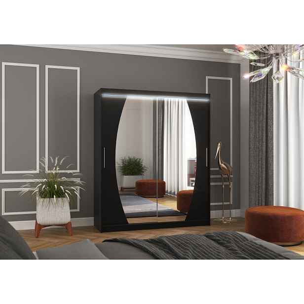 Šatní skříň se zrcadlem a LED osvětlením 180 cm ZABRIX - černá