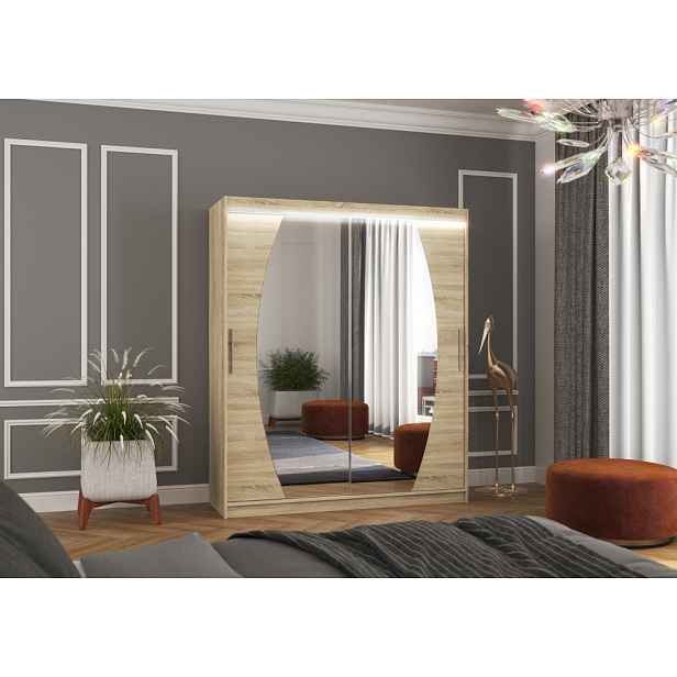 Šatní skříň se zrcadlem a LED osvětlením 180 cm ZABRIX - dub sonoma