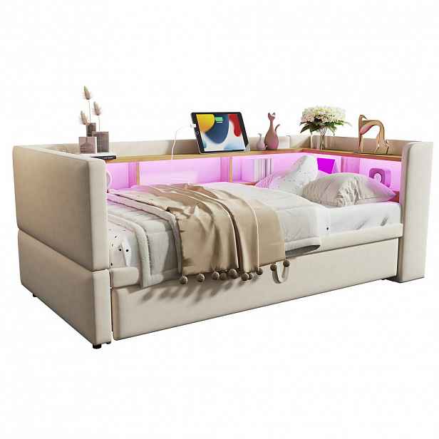 CHICFURN ROZKLÁDACÍ POHOVKA 90/190 cm a 180/190 cm v béžové barvě s LED, zásuvkami a policemi