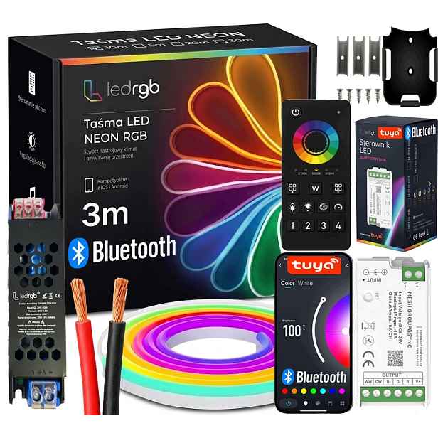 Set Led Pásek Neon 3M Rgb (1x3) Aplikace Bt Tuya Dálkový Ovladač Napájecí Zdroj Montáž