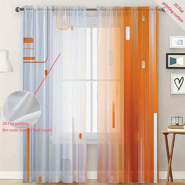 TEMU 2D plné, 2ks 2D plné tištěné průsvitné závěsy s geometrickým přechodem oranžové linie, jednoduchý umělecký styl splývavé záclonky, vhodné pro