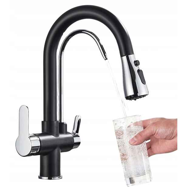 Kuchyňská Baterie Třícestná Filtr Vytahovací Sprcha Černý Chrom
