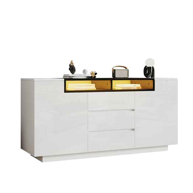 EVRYAE SIDEBOARD Odkládací skříňka 140/40/68 cm se 3 zásuvkami a LED ovládáním přes aplikaci, vysoký lesk, dřevěný materiál