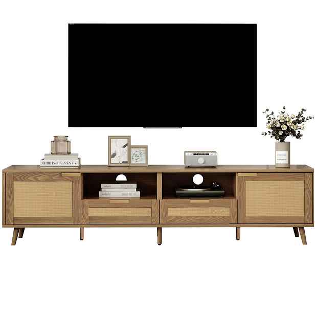 Redom TV stolek 200/37/49 cm s ratanovým dekorem, dřevěnými nohami a nastavitelnými nožkami, Dub