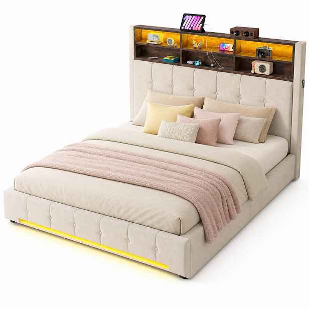 CHICFURN ČALOUNĚNÁ POSTEL 180/200 cm v béžové barvě se sametovým potahem, LED, USB-C a úložným prostorem