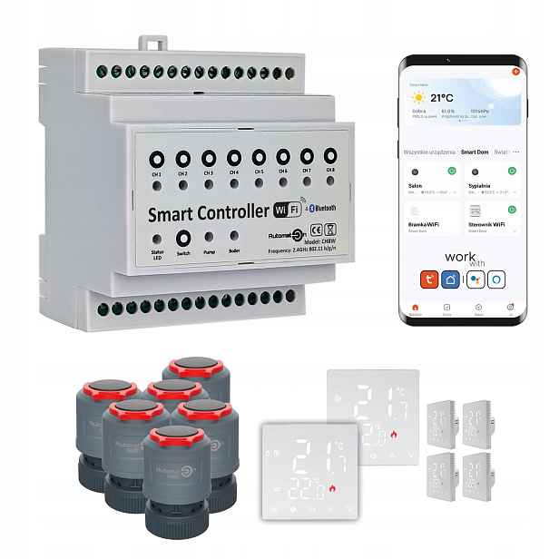Sada pro vytápění podlah. WiFi Tuya CH8W 6 pokojů termostaty Std Bílé