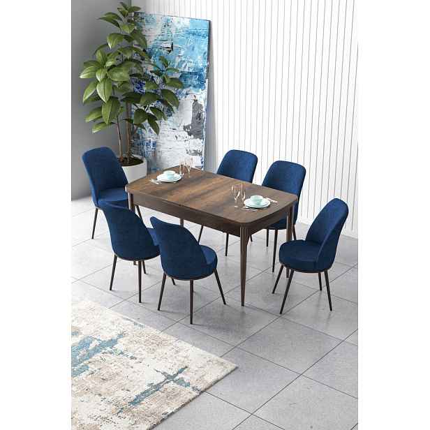 Extendable Dining Table & Chairs Set (7 Pieces) Zen - Baroque, Navy Blue