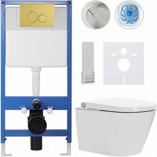 Kompletní WC set Profi/Cronus Premium - bílá lesklá - WC tlačítko Duo/Zlatá - předstěnová instalace - 59,3x38,4 cm