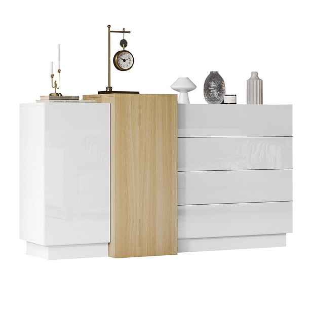 EVRYAE SIDEBOARD 160/37/75 cm vysoký lesk Bílá vzhled dřeva bezúchytková Push-Open MDF úložný prostor nastavitelné police