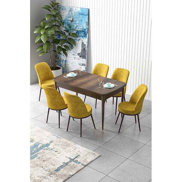 Extendable Dining Table & Chairs Set (7 Pieces) Zen - Baroque, Mustard