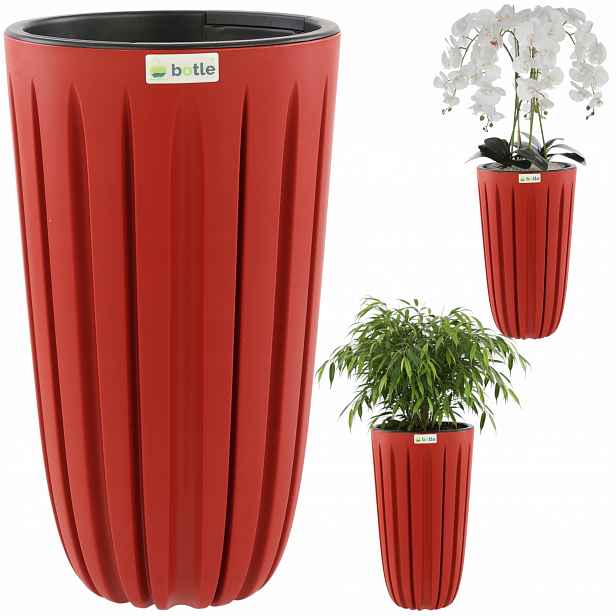Květináč s vysokou vložkou H 50 cm, červený, kulatý, drážkovaný, matný styl