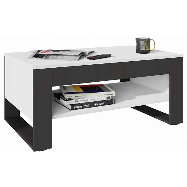 Lavice Flow bílo-černá s prostornou policí, konferenční stolek 100 cm, retro loft