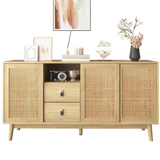 Modenvie SIDEBOARD 155/38/80 cm z MDF a dřevotřísky v dekoru dřeva s ratanovými posuvnými dvířky