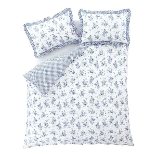Bílo-modré prodloužené povlečení na dvoulůžko 230x220 cm Lucie Floral Frill – Catherine Lansfield
