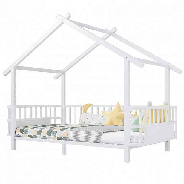 CHICFURN DĚTSKÁ POSTEL 90/200 cm v bílé barvě s bezpečnostními bočnicemi a střešním rámem z kovu