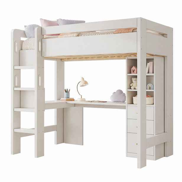 CHICFURN VYVÝŠENÁ POSTEL 90/200 cm v bílé barvě se stolem, policemi, zásuvkami a USB