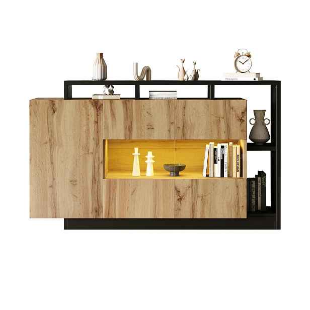 EVRYAE SIDEBOARD s RGB 16 režimy a ovládáním přes aplikaci, dřevo/černá, nastavitelné police, MDF/akryl