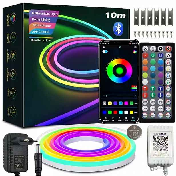 Led Páska Neon 10M (1x10) Aplikace Bluetooth Rgb Dálkový Ovladač IP67 24V Voděodolná