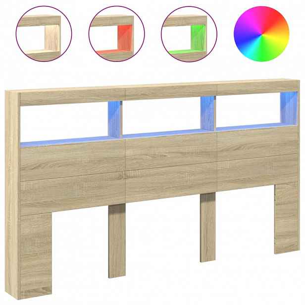vidaXL Čelo postele s úložným prostorem a LED dub sonoma 180x17x102 cm