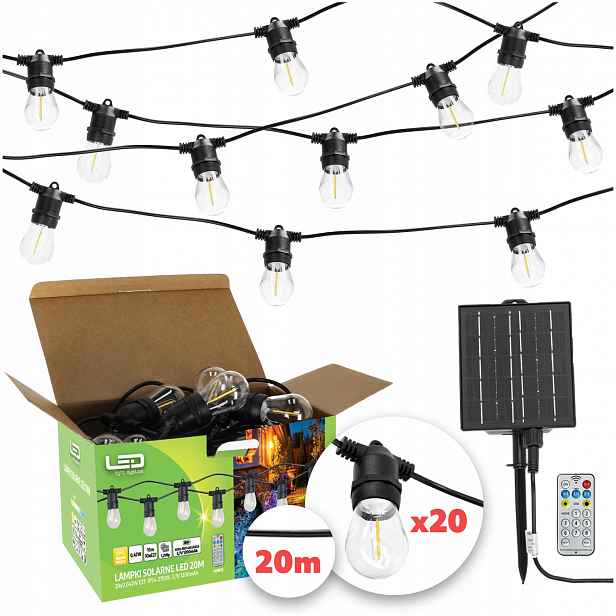 Solární zahradní Led girlanda 10 m 20 x žárovka E27