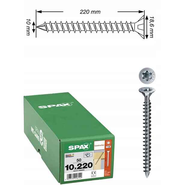 Univerzální šroub Wirox Tx 10 x 220 mm, plný závit 50 ks
