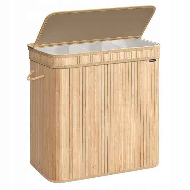 Bambusový koš na prádlo s víkem, 3 látkové komory x 50 l