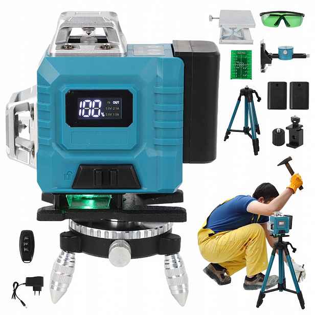 Laser Křížový Vodováha Zelená Laserová 16 Řádků Stativ 4D 2XAKU Sada