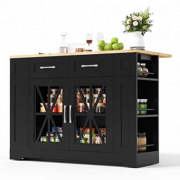 OKWISH KUCHYŇSKÝ ostrůvek 120/40(65)/92 cm černá a přírodní z MDF s výklopným stolem a kolečky