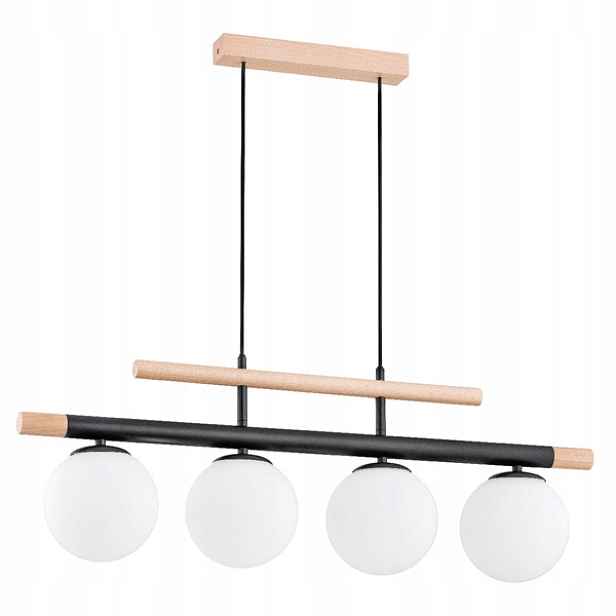 Závěsná lampa dřevěná, přírodní, černá, skleněné, bílé koule, 4 body Alfa