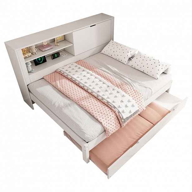 CHICFURN ROZKLÁDACÍ POHOVKA 140/190 cm & 90/190 cm v bílé barvě s úložným prostorem a USB