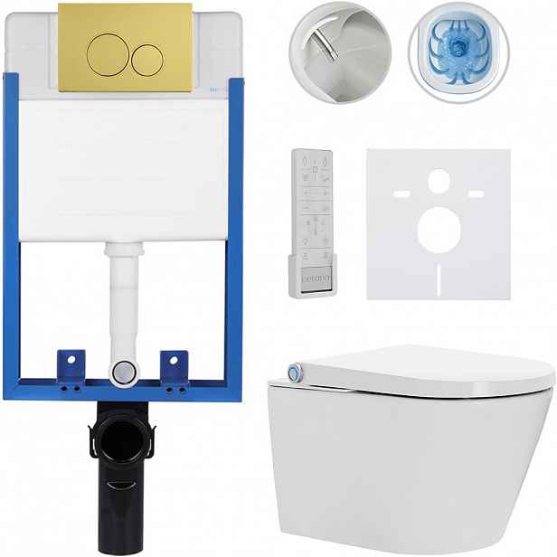 Kompletní WC set Profi/Cronus Premium - bílá lesklá - WC tlačítko Duo/Zlatá - pro zazdění - 59,3x38,4 cm