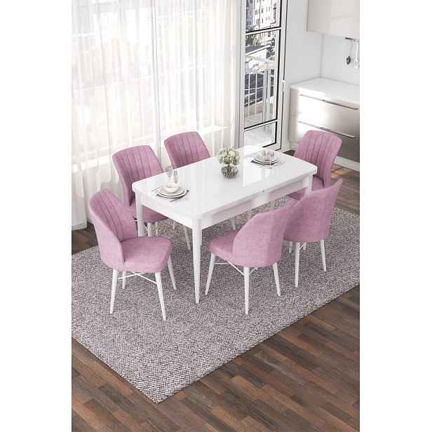 Extendable Dining Table & Chairs Set (7 Pieces) Nef - White, Pink