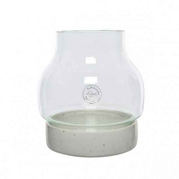 Váza kulatá úzké hrdlo na podstavci sklo/keramika čirá/bílá 20cm