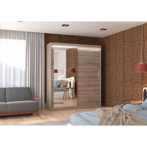 Zrcadlová šatní skříň 180 cm s LED osvětlením ZAFLIA - dub lanýž