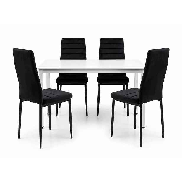 Jídelní set stůl 120x60 cm v loftovém stylu, bílý 4 černé sametové židle Axell