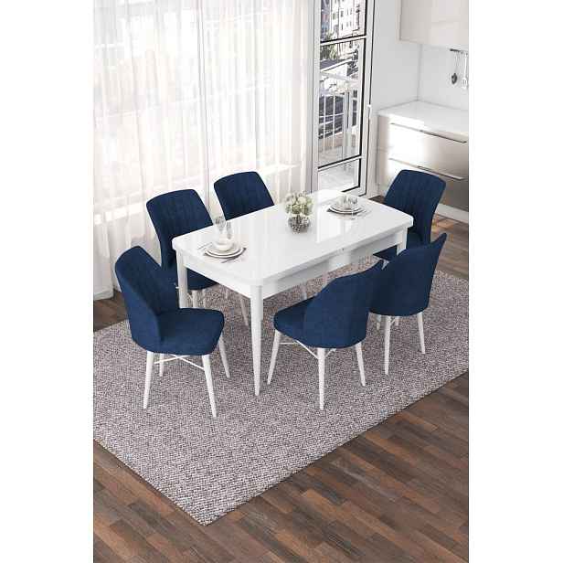 Extendable Dining Table & Chairs Set (7 Pieces) Nef - White, Navy Blue