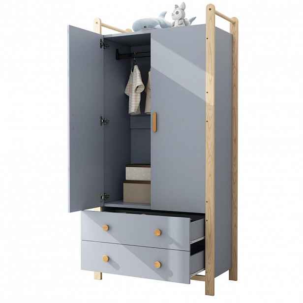 Modfu ŠATNÍ skříň z masivní borovice a MDF 89,6x44x180,5 cm modrá/přírodní se šatní tyčí a 2 zásuvkami