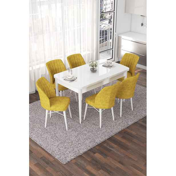 Extendable Dining Table & Chairs Set (7 Pieces) Nef - White, Mustard