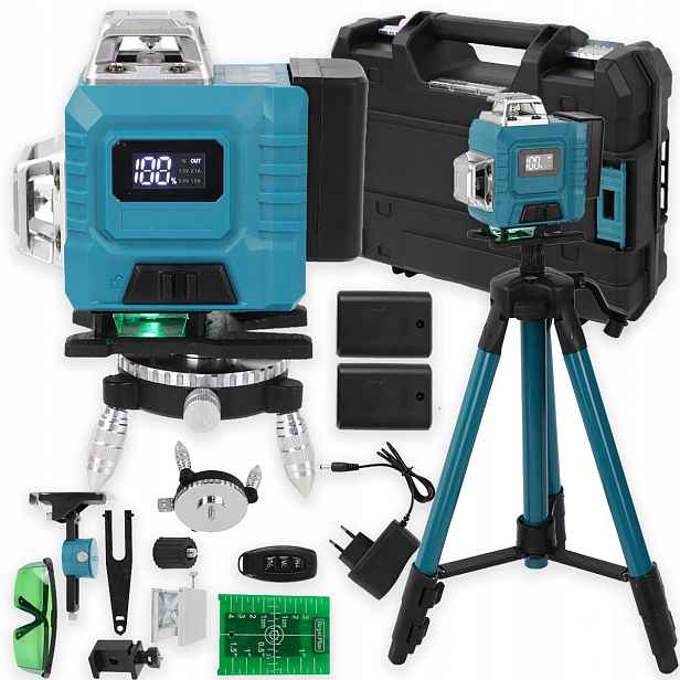 Křížový Laser 360 Zelená Plošinová Laserová Vodováha 4D 2xAKU Stativ