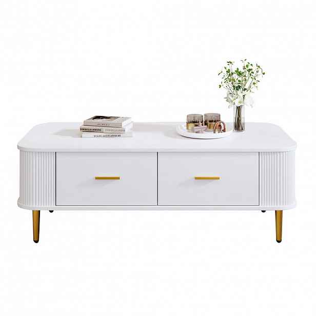 Modfu KONFERENČNÍ stolek z MDF 105x51x38 cm bílý se 4 zásuvkami, zaoblenou deskou a vlnitými bočnicemi