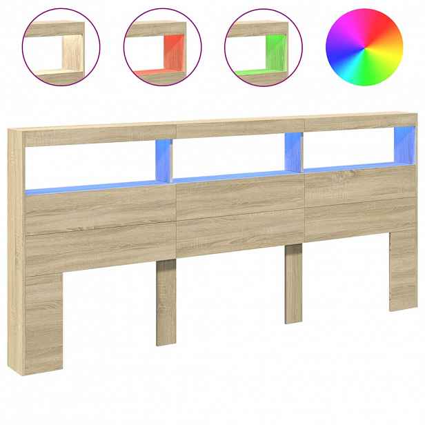 vidaXL Čelo postele s úložným prostorem a LED dub sonoma 220x17x102 cm