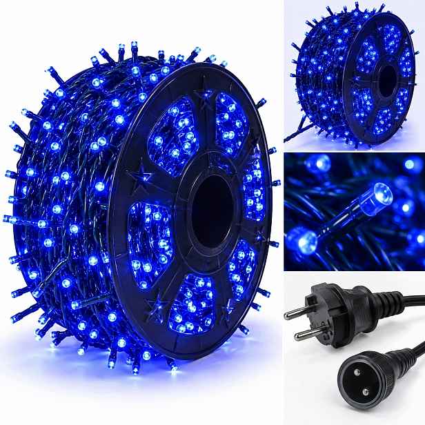 Vánoční Osvětlení Na Stromeček 2000 Led 120 m Modré Flash IP44 Silný kabel na cívce