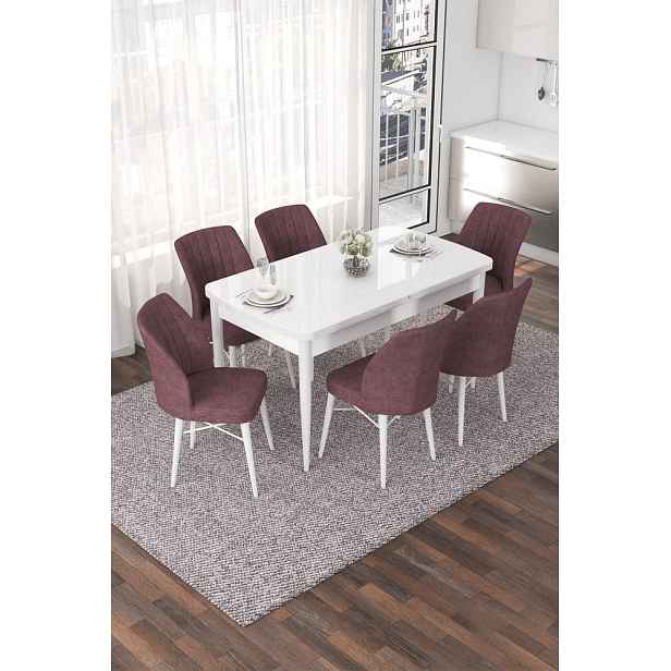 Extendable Dining Table & Chairs Set (7 Pieces) Nef - White, Dusty Rose