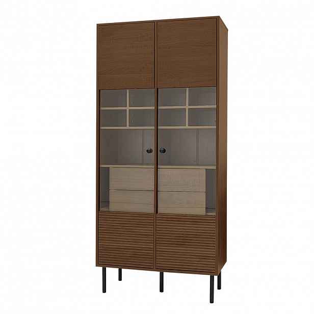 Modfu VITRÍNA z MDF v dekoru 75.5x35x164.5 cm ořechu se skleněnou částí, zásuvkami, dvířky a kovovými nožkami