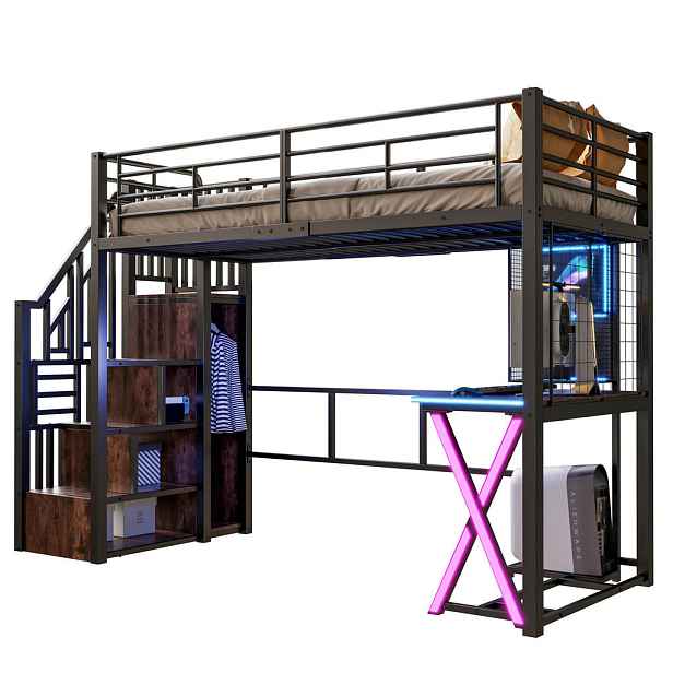 STILVORA HOCHBETT 90/200 cm in Schwarz mit LED, Ablageleiter, Schreibtisch, Kleiderschrank und Regal