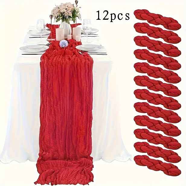 TEMU 12 ks Slavnostní červené bohémské ubrusy s volným okrajem na svatby, recepce a večírky - 100% polyester, obdélníkové, krytá polyesterová tkanina