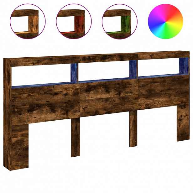 vidaXL Čelo postele s úložným prostorem a LED kouřový dub 220x17x102cm